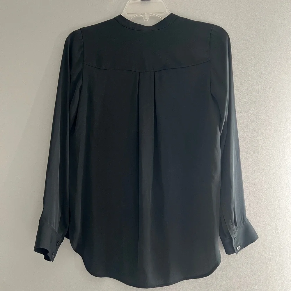 Vince Silk Blend Hi Low Popover Tunic‎ Blouse Black Split Neck Pocket Size 2
